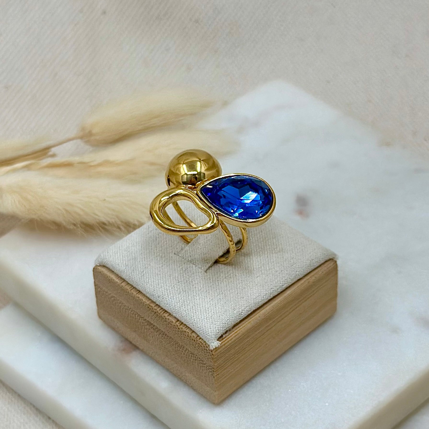 Bague ajustable réglable dorée en acier inoxydable pour femme cristaux zircon bleu prise présentoir - Zoela