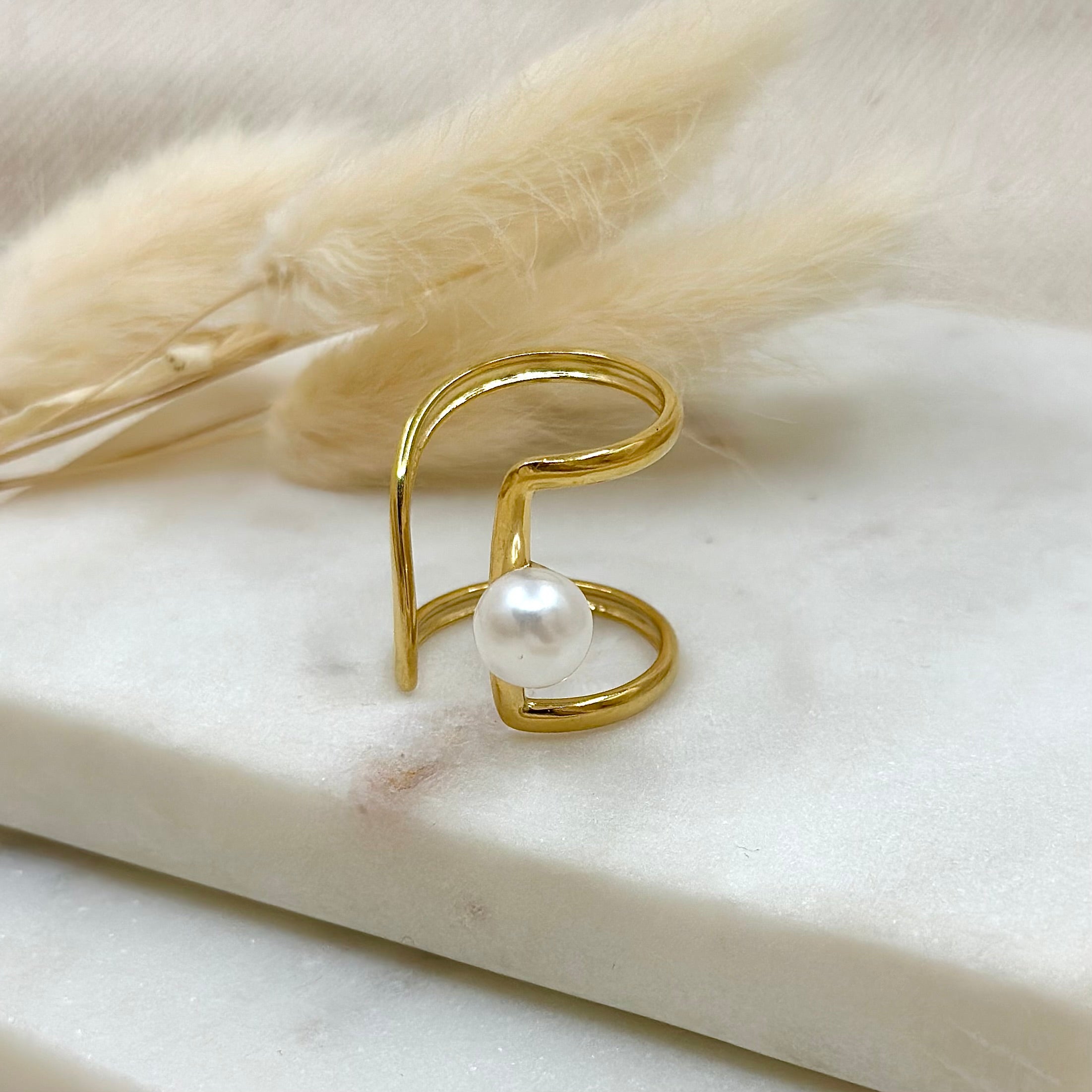 Bague ajustable dorée tendance femme en acier inoxydable, bague asymétrique large forme abstraite, bague perle blanche nacrée, bijoux dorés en acier inoxydable, bague bohème, bijoux bohème