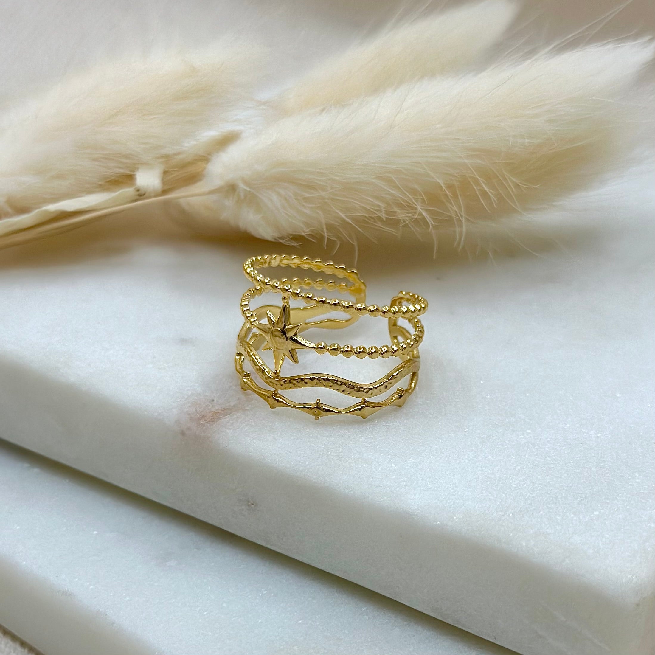 Bague ajustable dorée tendance femme en acier inoxydable, bague réglable, bague mulitrangs simples, bague intemporelles large motifs étoile, bijoux dorés en acier inoxydable, bijoux intemporels