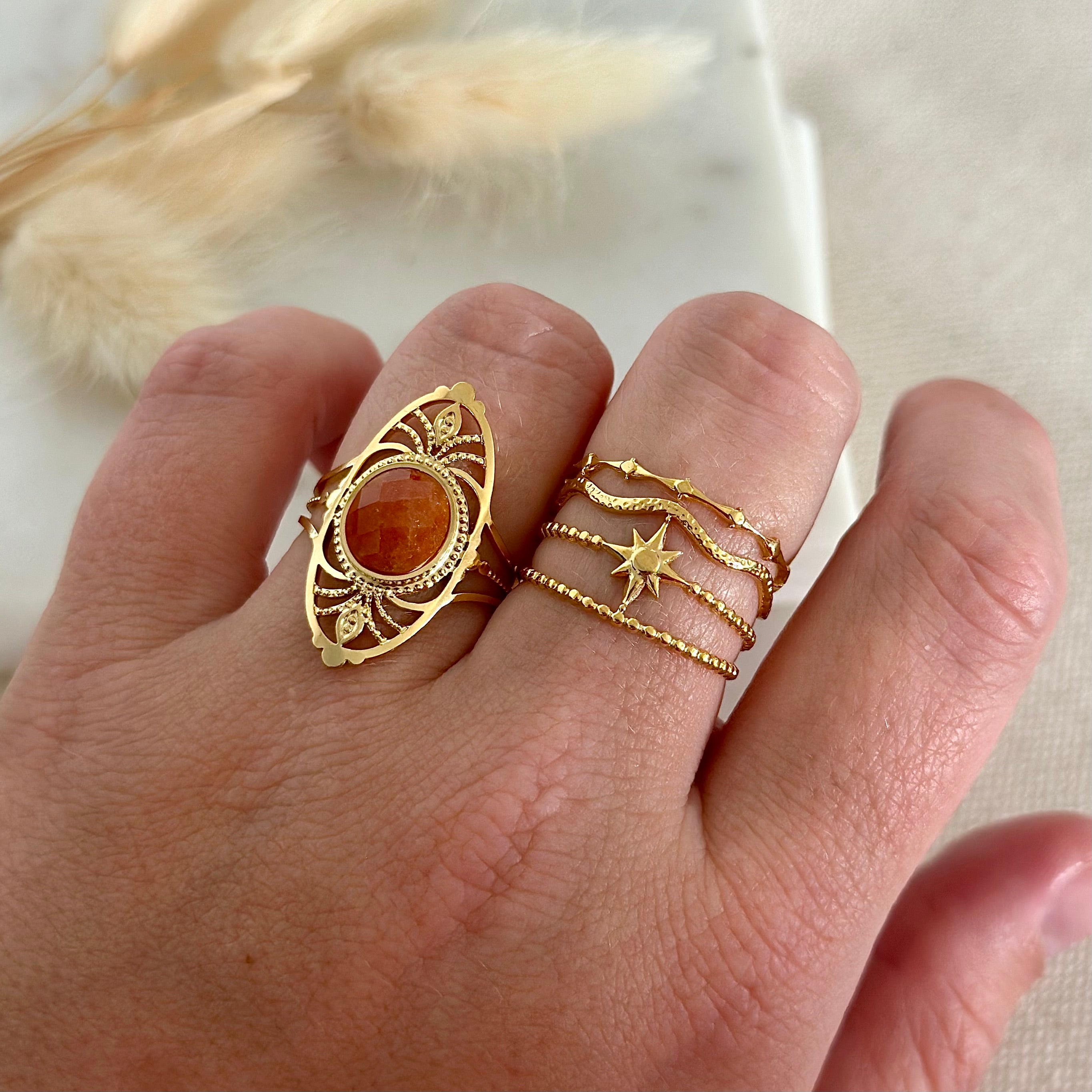 Bague ajustable dorée tendance femme en acier inoxydable, bague réglable, bague mulitrangs simples, bague intemporelles large motifs étoile, bijoux dorés en acier inoxydable, bijoux intemporels