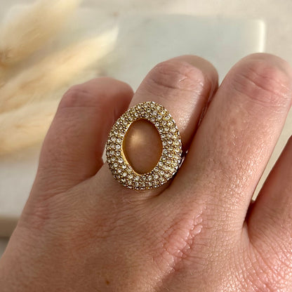 Bague ajustable réglable dorée portée en acier inoxydable pour femme forme ovale asymétrique strass zircon prise face - Zoela