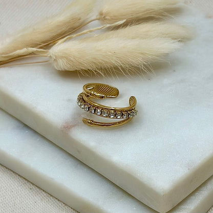 Bague ajustable réglable dorée en acier inoxydable pour femme multirangs zircons style chic prise face - Zoela