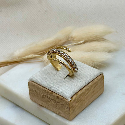Bague ajustable réglable dorée en acier inoxydable pour femme multirangs zircons style chic prise présentoir - Zoela