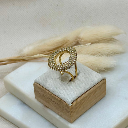 Bague ajustable réglable dorée en acier inoxydable pour femme forme ovale asymétrique strass zircon prise présentoir - Zoela