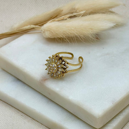 Bague ajustable réglable dorée en acier inoxydable pour femme anti-stress qui tourne forme fleur zircons et strass prise face - Zoela