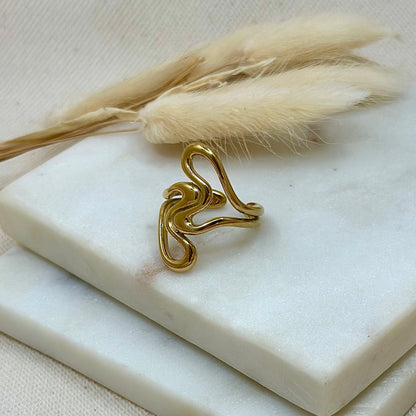 Bague ajustable réglable dorée en acier inoxydable pour femme large formes asymétriques arrondies simples prise face - Zoela