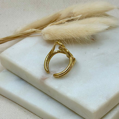 Bague ajustable réglable dorée en acier inoxydable pour femme large formes asymétriques arrondies simples prise arrière - Zoela
