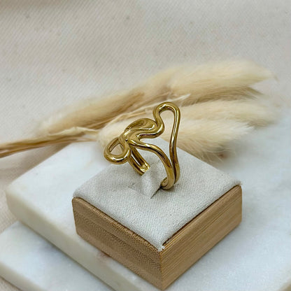 Bague ajustable réglable dorée en acier inoxydable pour femme large formes asymétriques arrondies simples prise présentoir - Zoela