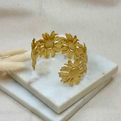 Bracelet jonc doré en acier inoxydable pour femme forme fleur de tournesol prise arrière - Zoela