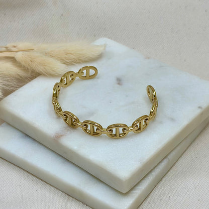 Bracelet jonc doré en acier inoxydable pour femme mailles marines prise face - Zoela