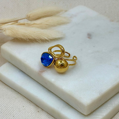 Bague ajustable réglable dorée en acier inoxydable pour femme cristaux zircon bleu prise face - Zoela