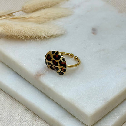 Bague ajustable réglable dorée en acier inoxydable pour femme forme ovale asymétrique motifs animal léopard prise face - Zoela