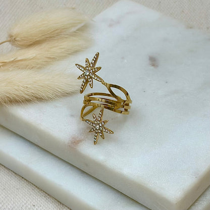 Bague ajustable réglable dorée en acier inoxydable pour femme large forme étoile et strass prise face - Zoela