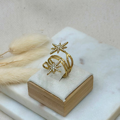 Bague ajustable réglable dorée en acier inoxydable pour femme large forme étoile et strass prise présentoir - Zoela