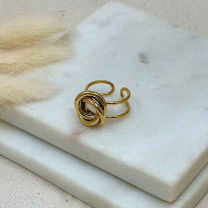 Bague ajustable réglable dorée en acier inoxydable pour femme forme noeud prise face - Zoela