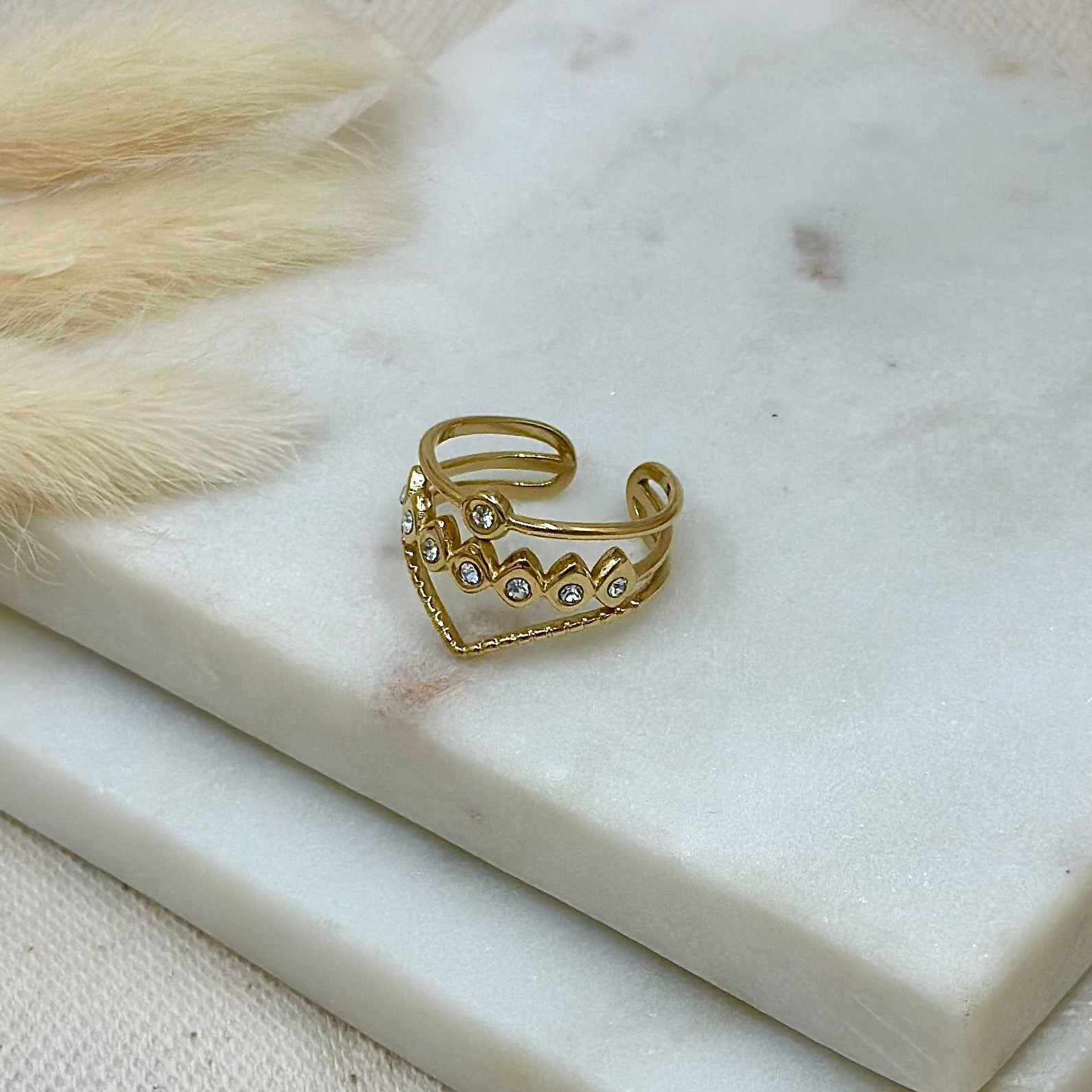 Bague ajustable réglable dorée en acier inoxydable pour femme multirangs strass style chic prise face - Zoela