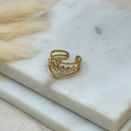 Bague ajustable réglable dorée en acier inoxydable pour femme multirangs strass style chic prise face - Zoela