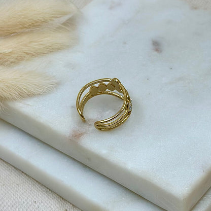 Bague ajustable réglable dorée en acier inoxydable pour femme multirangs strass style chic prise arrière - Zoela