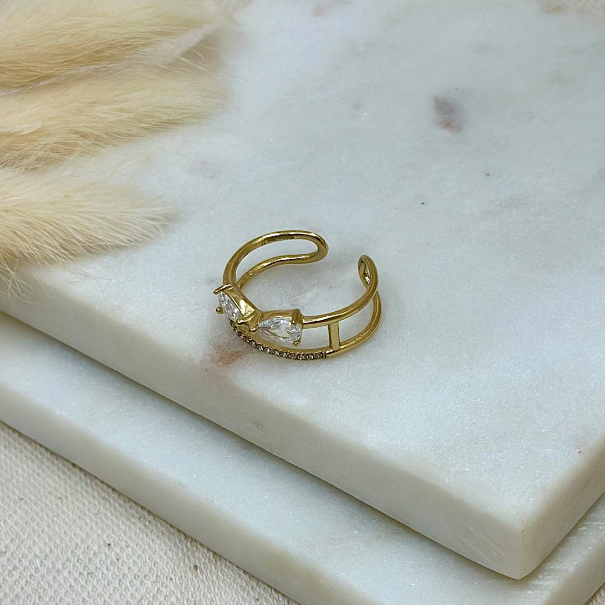 Bague ajustable réglable dorée en acier inoxydable pour femme double-rangs zircon et strass prise arrière - Zoela