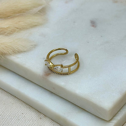 Bague ajustable réglable dorée en acier inoxydable pour femme double-rangs zircon et strass prise arrière - Zoela