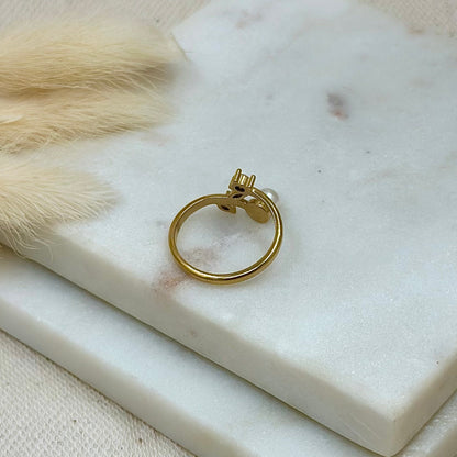 Bague ajustable réglable dorée en acier inoxydable pour femme forme feuilles avec zricons et perle blanche nacrée prise arrière - Zoela