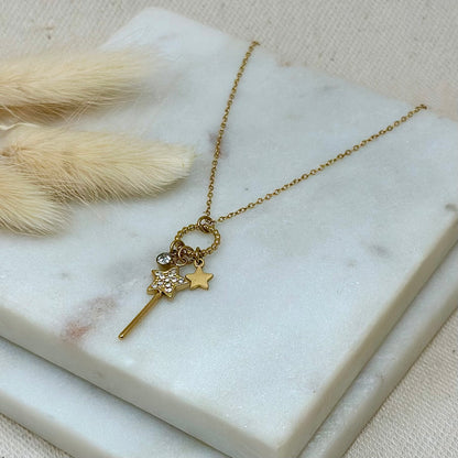 Collier doré en acier inoxydable pour femme pendentifs charms breloques étoiles et strass prise face - Zoela