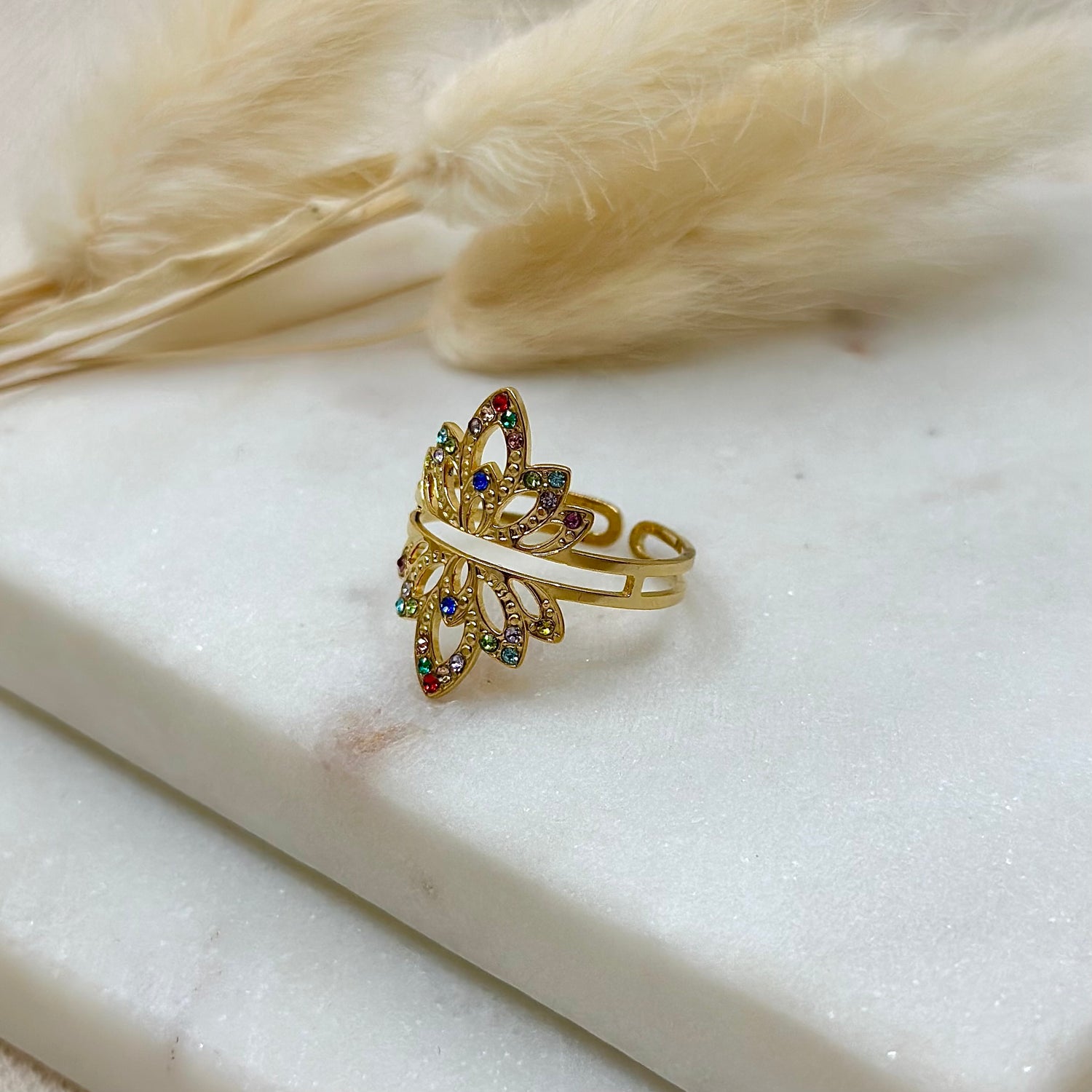 Bague ajustable dorée tendance femme en acier inoxydable résistant à l&