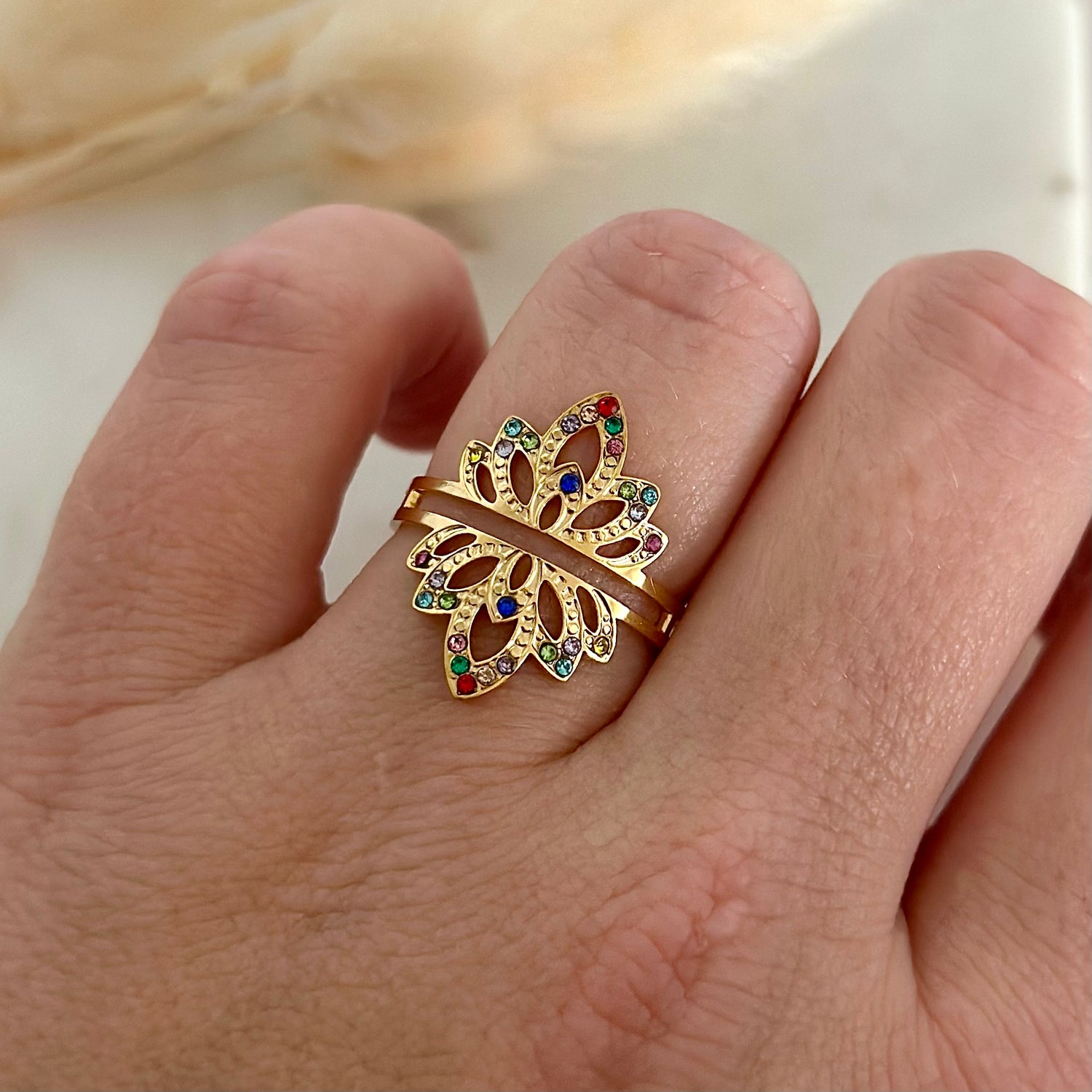 Bague ajustable dorée tendance femme en acier inoxydable résistant à l&