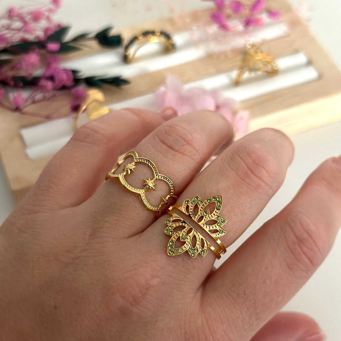 Bague ajustable dorée tendance femme en acier inoxydable résistants à l&