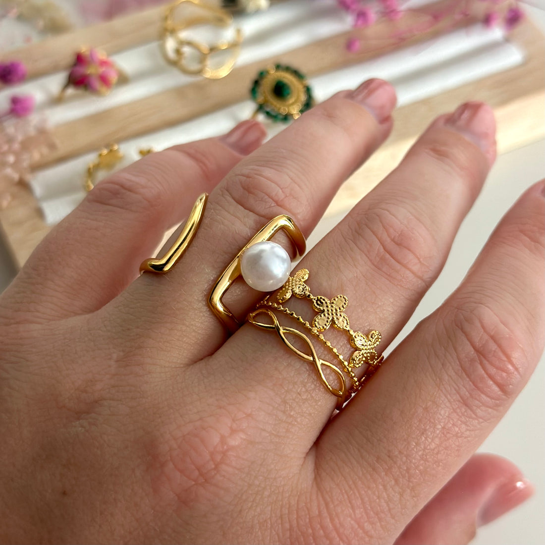 Bague ajustable dorée tendance femme en acier inoxydable résistants à l&